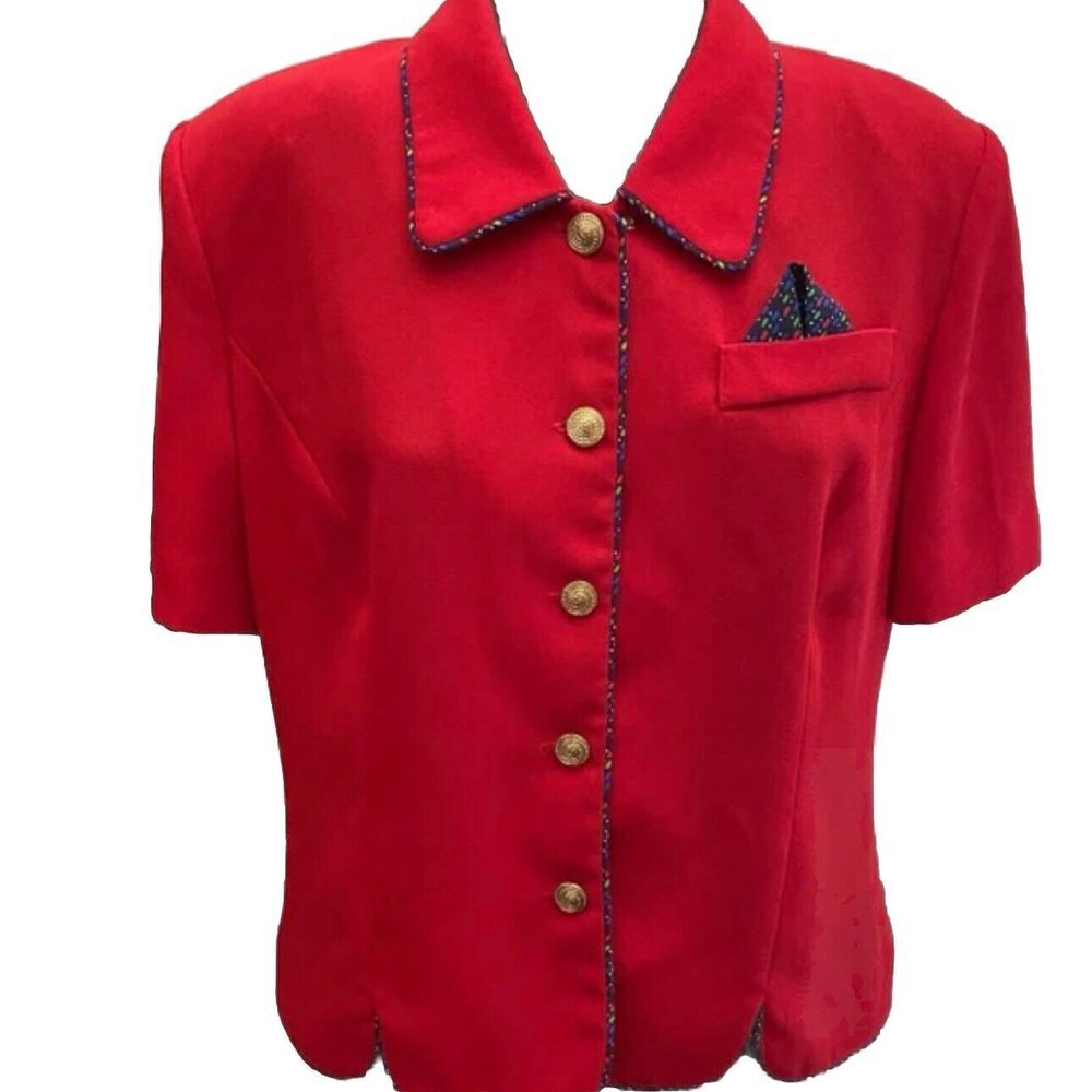 Red Pinup Retro Blazer 10P Gold Buttons Blue‎ Polka Dot Handkerchief Leslie Fay